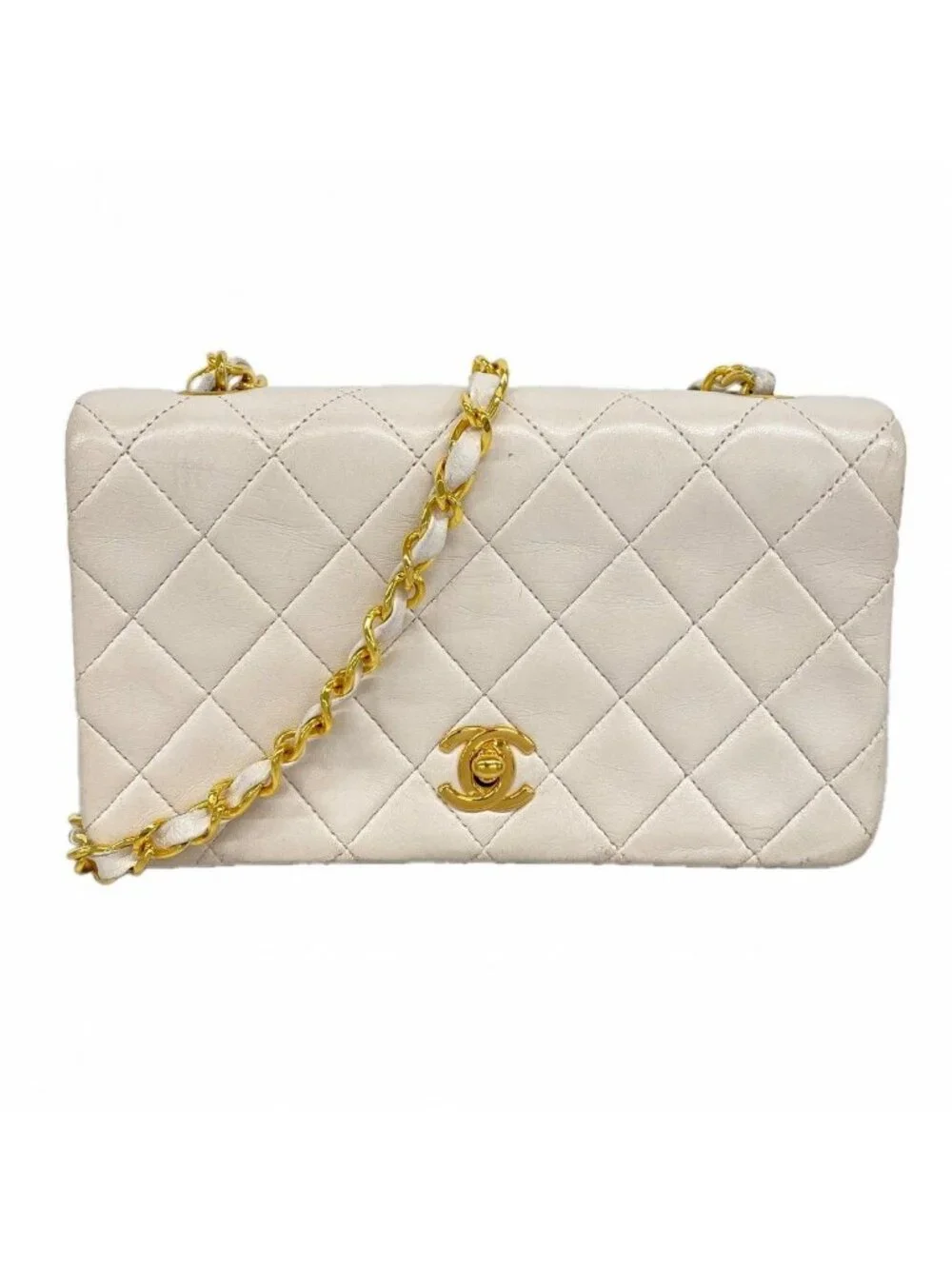 Chanel Shoulder Bag Quilted Lambskin White Gold